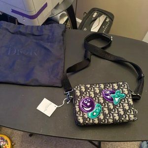 Dior x Kenny Scharf double zip Crossbody pouch oblique canvas with appliqué